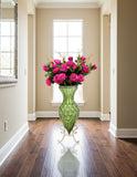 SOGA 67cm Green Glass Tall Floor Vase and 12pcs Dark Pink Artificial Fake Flower Set