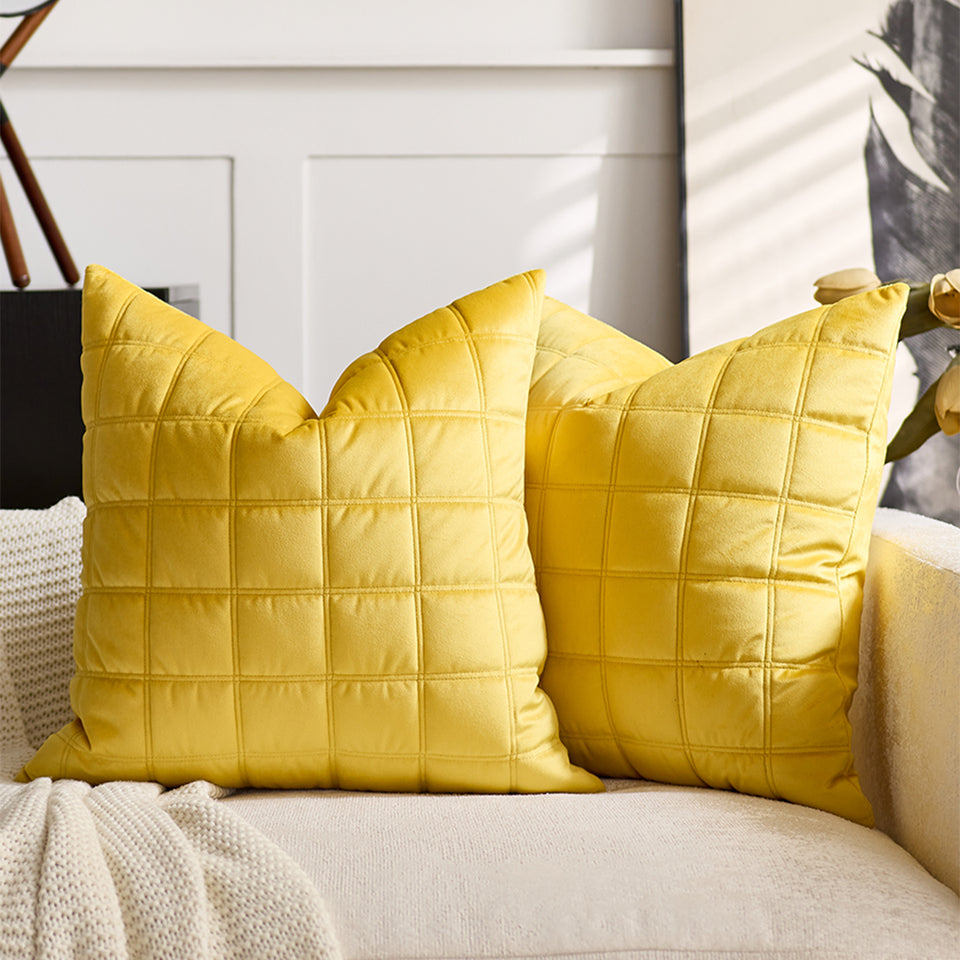 SOGA 2X 50cm Yellow Quilted Grid Pattern Decorative Throw Pillow
