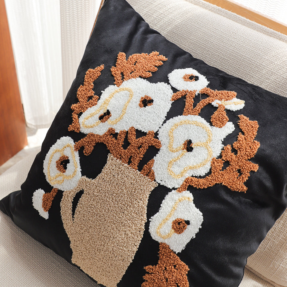 SOGA 2X 45cm Black Brown White Floral Bouquet Embroidered Throw Pillow