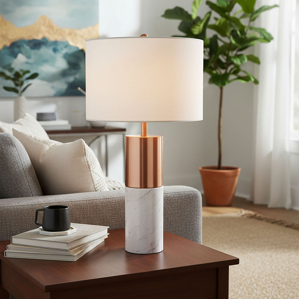 SOGA 2X 60cm White Marble Bedside Modern Desk Table Lamp Living Room Shade with Cylinder Base