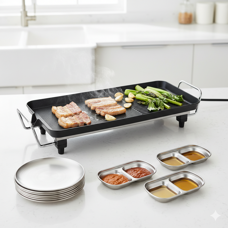 SOGA Kitchenware Bundle – 48cm Electric BBQ Grill with Silver Grilling Plate & Divided Sauce Pan