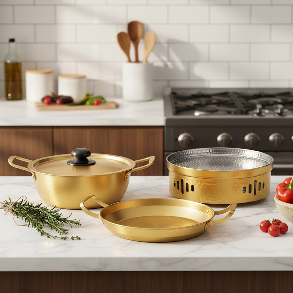 SOGA Kitchenware Bundle – Gold & Yellow Dry Pots and Ramen Pot for Stylish Kitchen Cooking