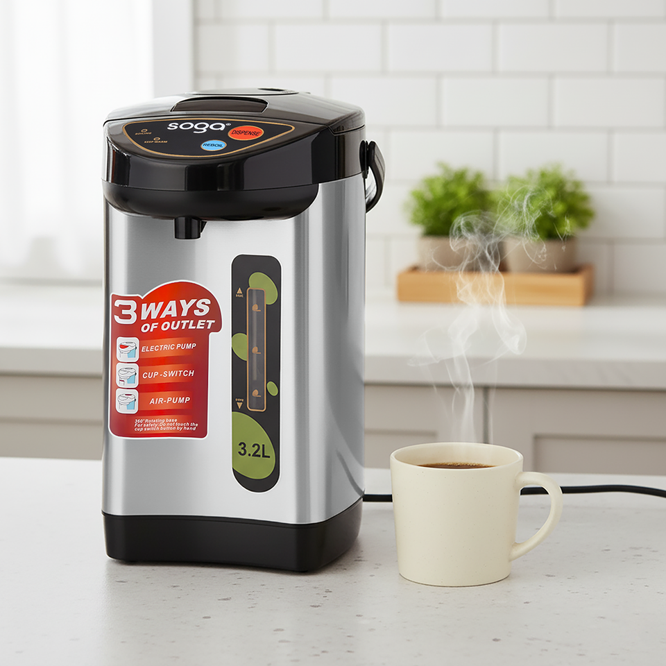 SOGA 2X 3.2L Silver Stainless Steel Electric Kettle Water Boiler Thermal Pot Dispenser 3 Modes