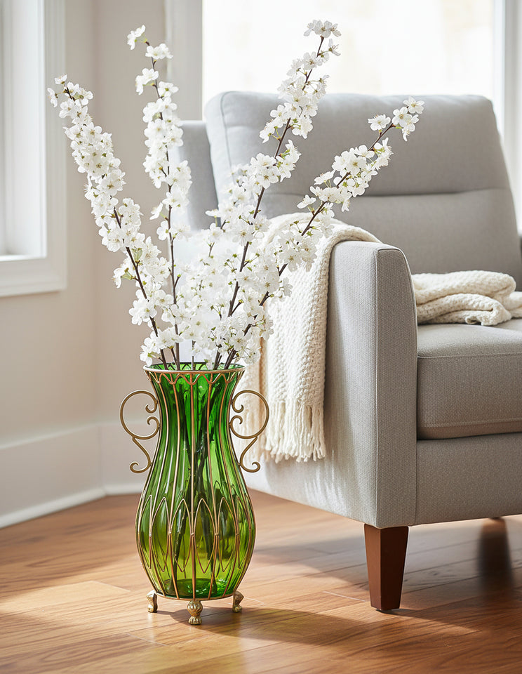 SOGA 51cm Green Glass Oval Floor Vase with Metal Flower Stand