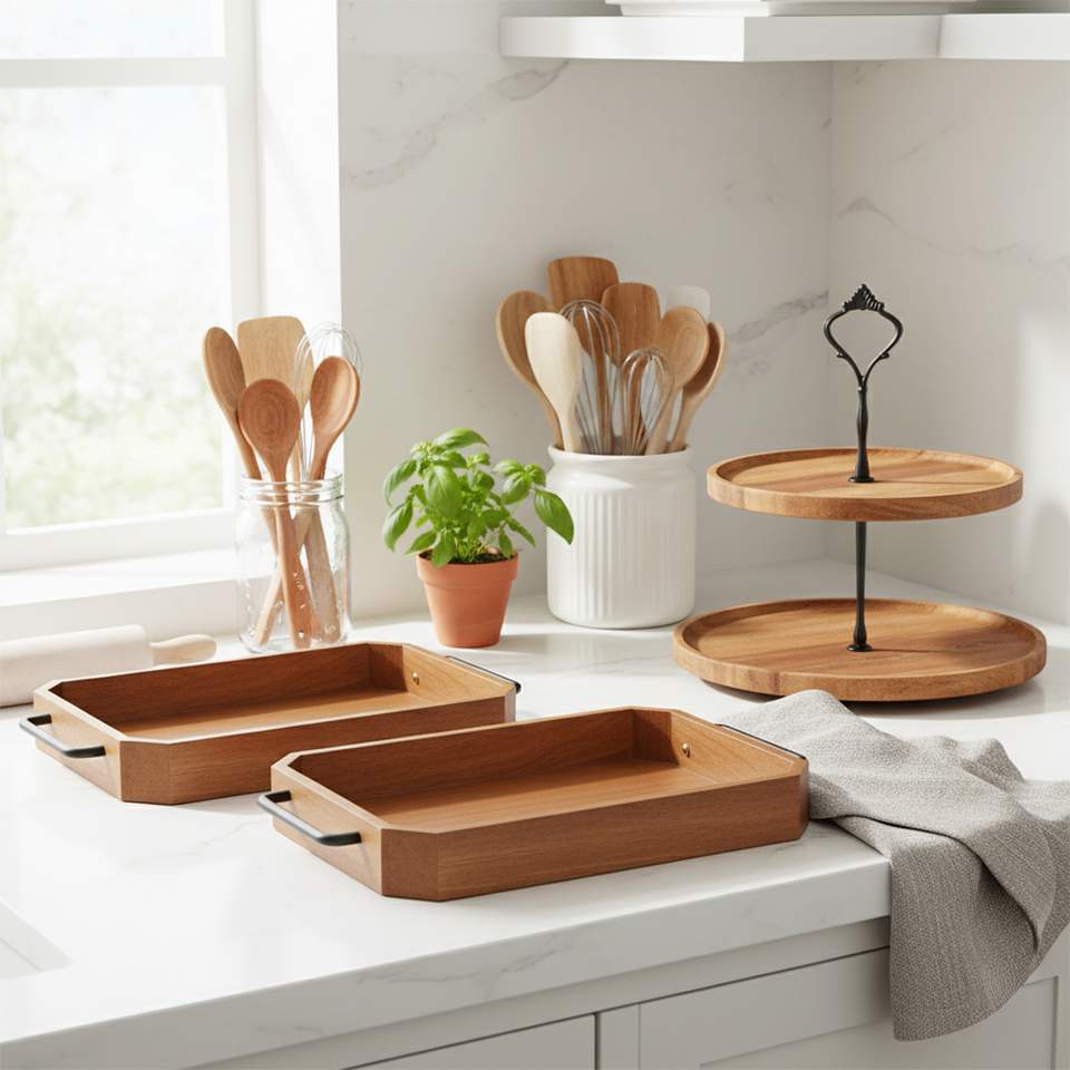 SOGA Kitchenware Bundle – 2 Paulownia Wood Serving Trays & 2-Tier Acacia Dessert Stand