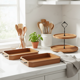 SOGA Kitchenware Bundle – 2 Paulownia Wood Serving Trays & 2-Tier Acacia Dessert Stand