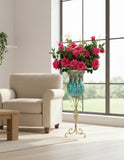 SOGA 85cm Blue Glass Tall Floor Vase and 12pcs Dark Pink Artificial Fake Flower Set