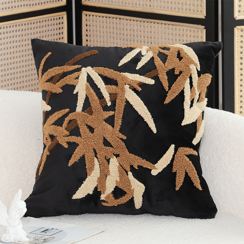 SOGA 2X 45cm Black Brown Bamboo Leaf Botanical Embroidered Throw Pillow