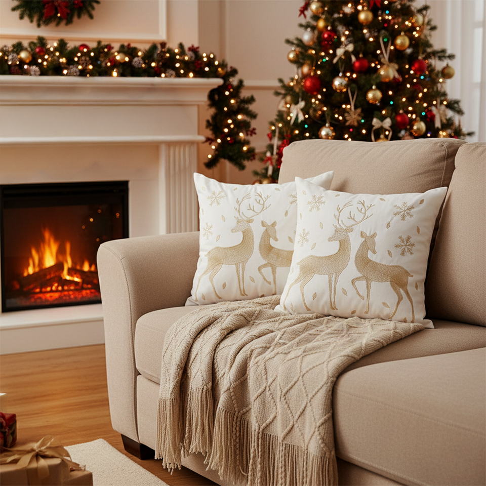 SOGA Christmas Bundle – 2 White Gold Reindeer Throw Pillows & Beige Diamond Throw Blanket