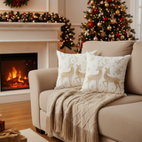 SOGA Christmas Bundle – 2 White Gold Reindeer Throw Pillows & Beige Diamond Throw Blanket