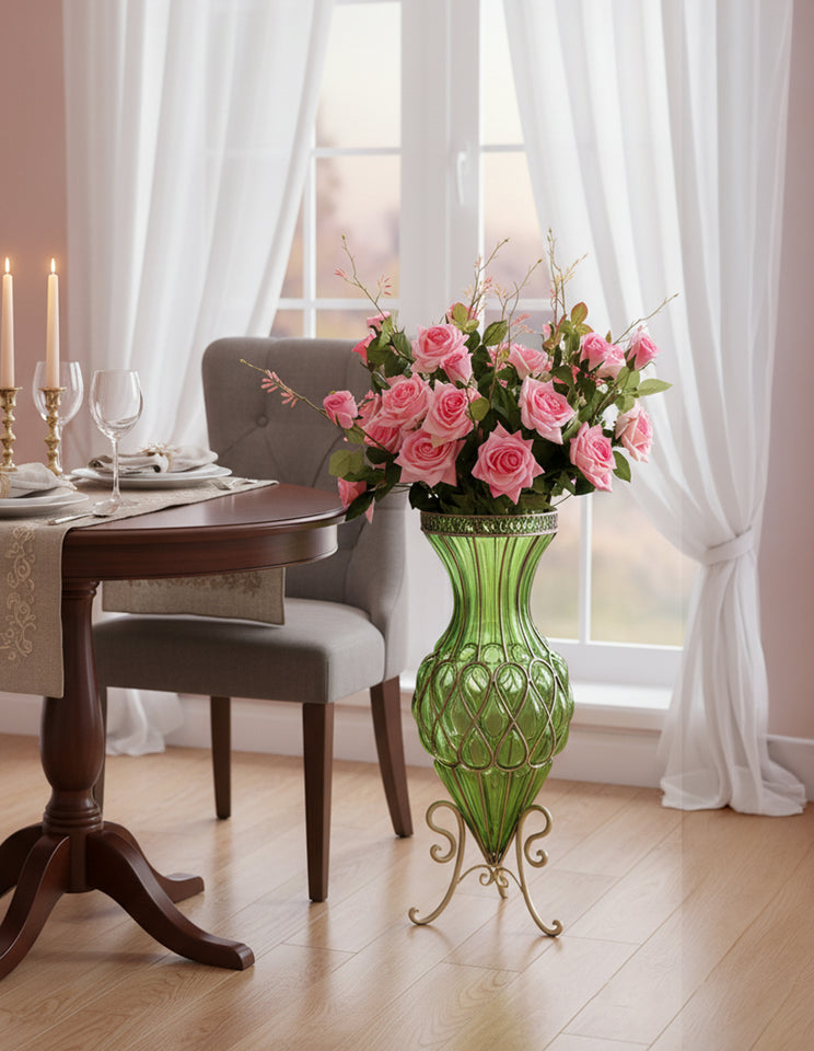 SOGA 67cm Green Glass Tall Floor Vase and 12pcs Pink Artificial Fake Flower Set