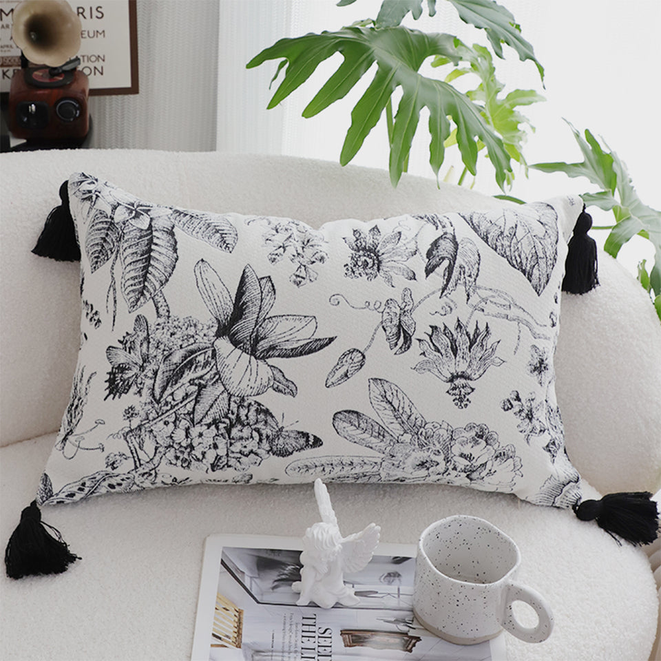 SOGA 2X 35cm Throw Pillow  Black and White Floral Print Elegant with Tassel Accents Home Decor