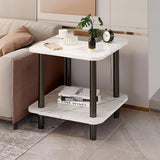 SOGA 70cm White Stone-Patterned Table – Modern Round Design with Black Metal Legs