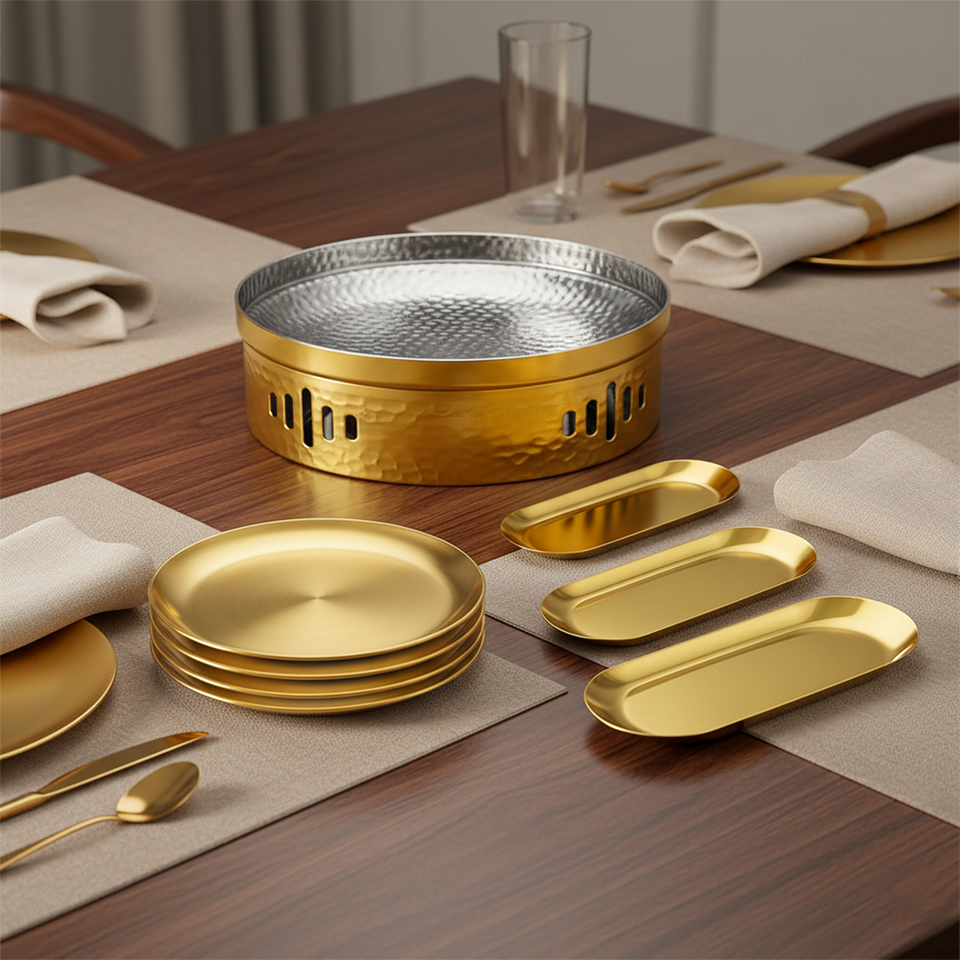 SOGA Kitchenware Bundle – Gold Nordic Plate Set, 26cm Grilling Plate & 28cm DryPot