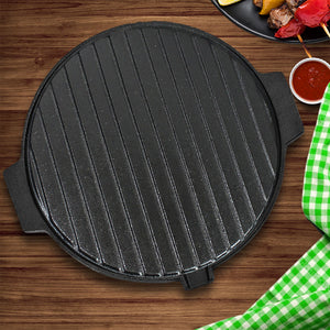 SOGA 2X 30CM Round Cast Iron Korean BBQ Grill Plate with Handles and Drip Lip