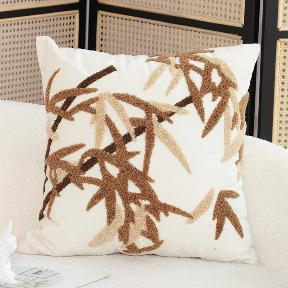 SOGA 2X 45cm Cream Brown Bamboo Leaf Botanical Embroidered Throw Pillow