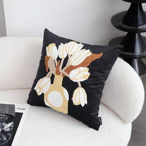 SOGA 2X 45cm Black White Gold Floral Vase Embroidered Throw Pillow