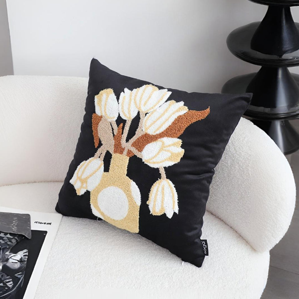 SOGA 2X 45cm Black White Gold Floral Vase Embroidered Throw Pillow
