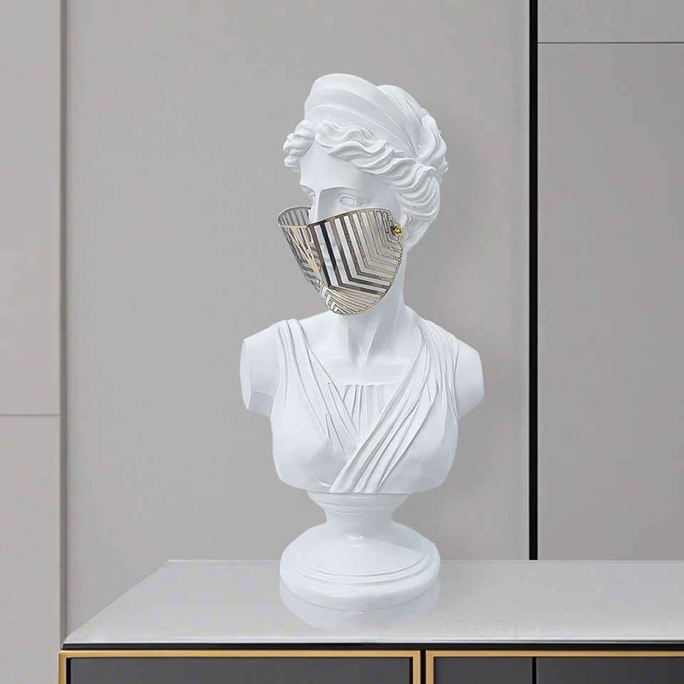 SOGA 40cm White Classical Bust Sculpture Resin with Gold Striped Mask for Modern Home Decor