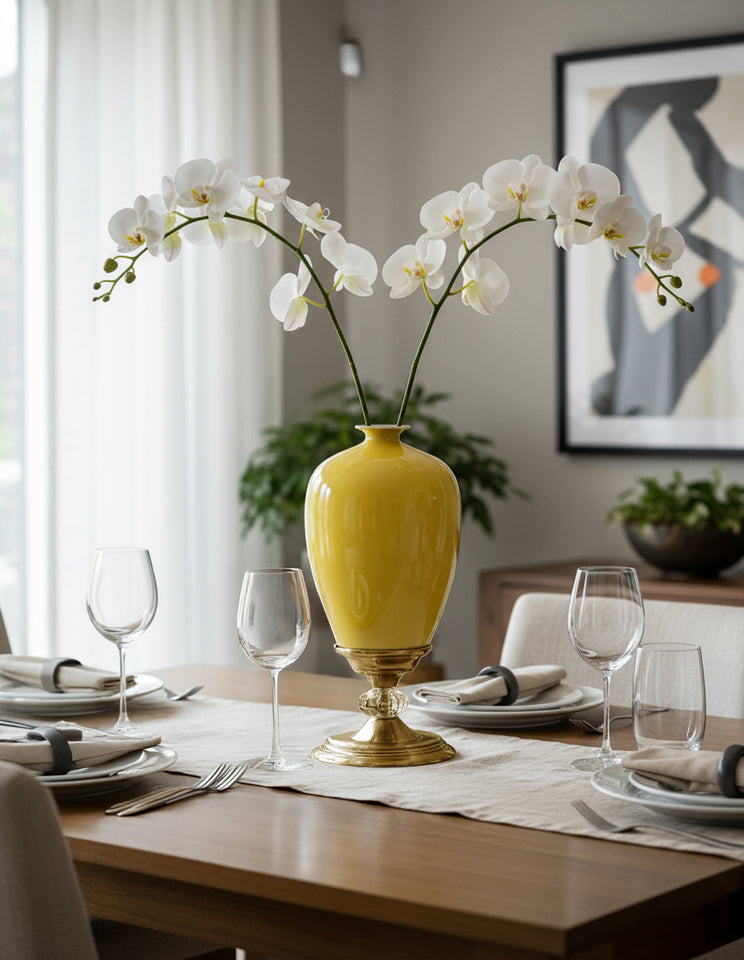 SOGA 40cm Ceramic Oval Flower Vase with Gold Metal Base Yellow