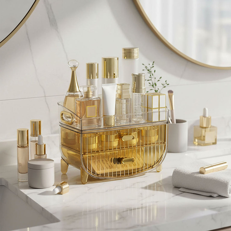 SOGA 3 Tier Golden Yellow Multifunctional Countertop Cosmetic Storage Makeup Skincare Holder Jewelry Cabinet Bathroom Desk Drawer Vanity Organiser