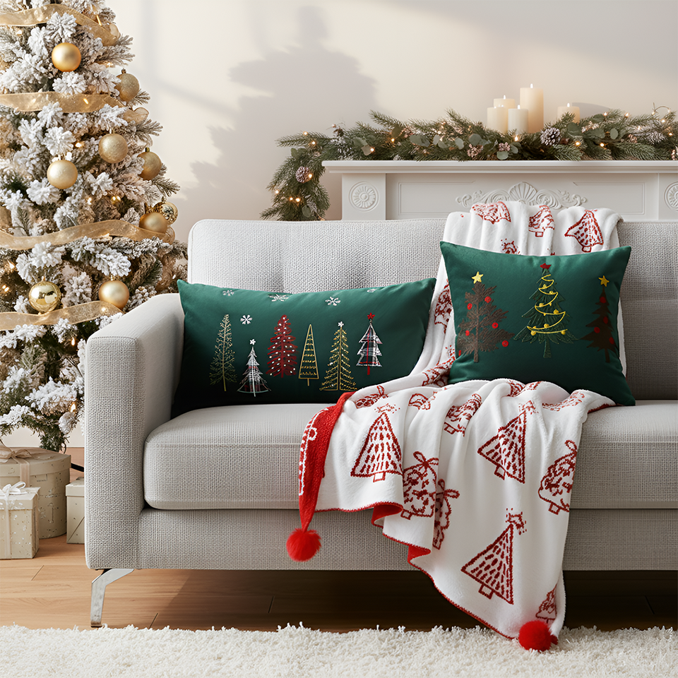 SOGA Christmas Bundle – Red Christmas Tree Fleece Throw & Green Embroidered Holiday Pillows