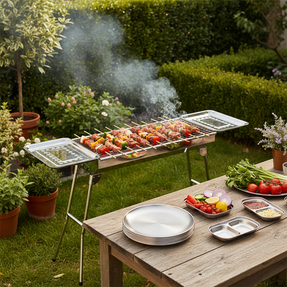 SOGA Kitchenware Bundle – Stainless Steel Skewers Grill, Silver Grilling Plate & Sauce Pan