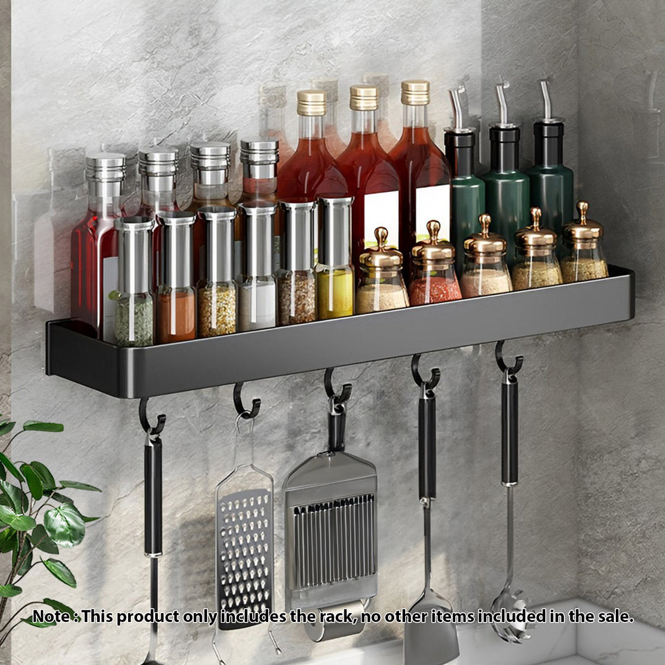 SOGA 50cm Black Wall-Mounted Rectangular Kitchen Spice Storage Organiser Space Saving Condiments Shelf Rack with Hooks