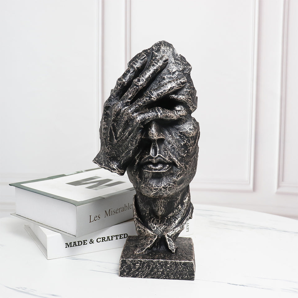 SOGA 30cm Black Resin Sculpture Covered Eyes Face Design Modern Art for Home Decor