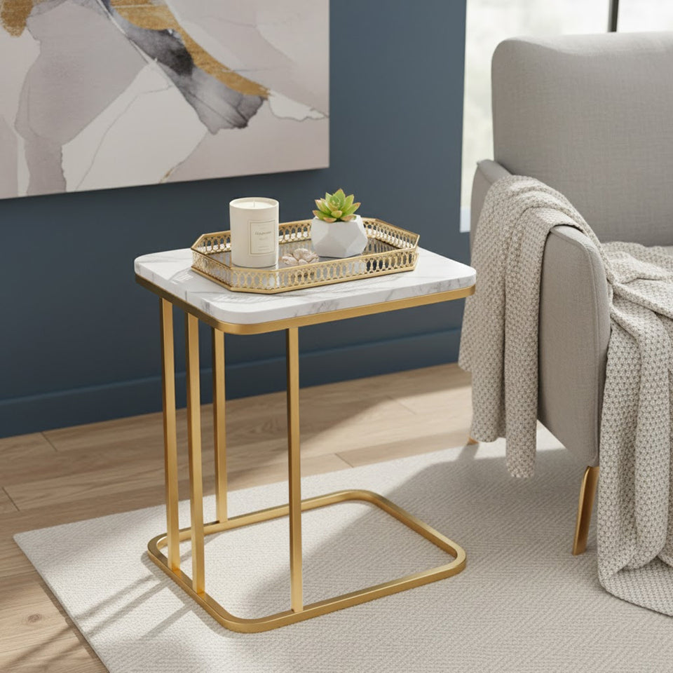 SOGA Home & Living Bundle – White Stone Side Table & Gold Mirror Tray Organizer for Home