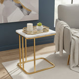 SOGA Home & Living Bundle – White Stone Side Table & Gold Mirror Tray Organizer for Home