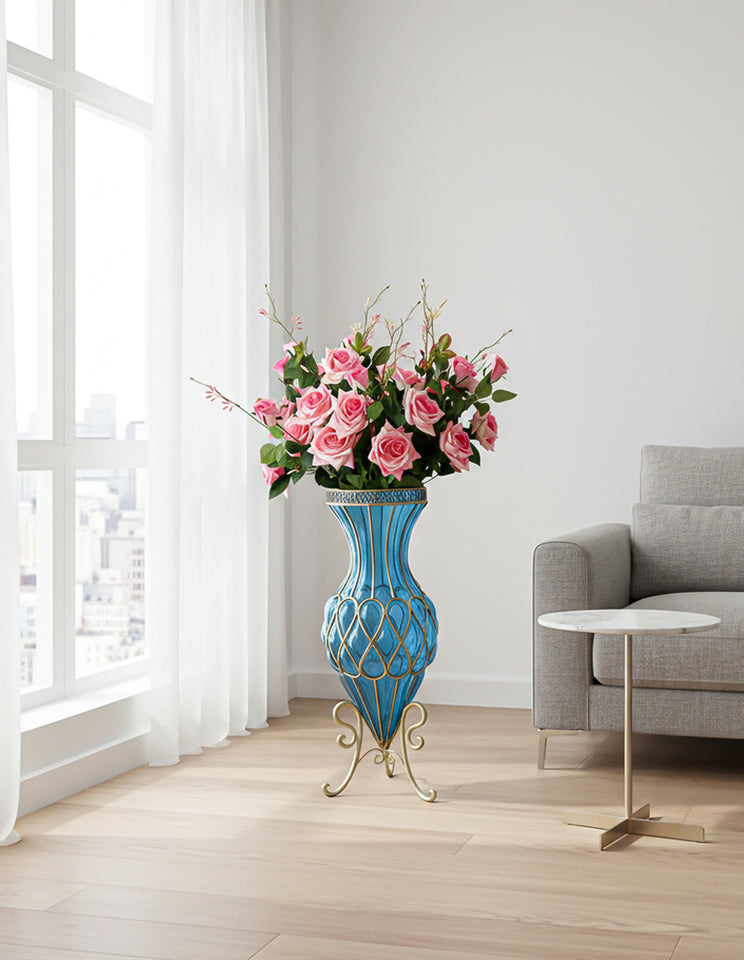 SOGA 67cm Blue Glass Tall Floor Vase and 12pcs Pink Artificial Fake Flower Set
