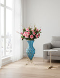 SOGA 67cm Blue Glass Tall Floor Vase and 12pcs Pink Artificial Fake Flower Set