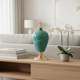 SOGA 2x 42cm Ceramic Oval Flower Vase with Gold Metal Base Green