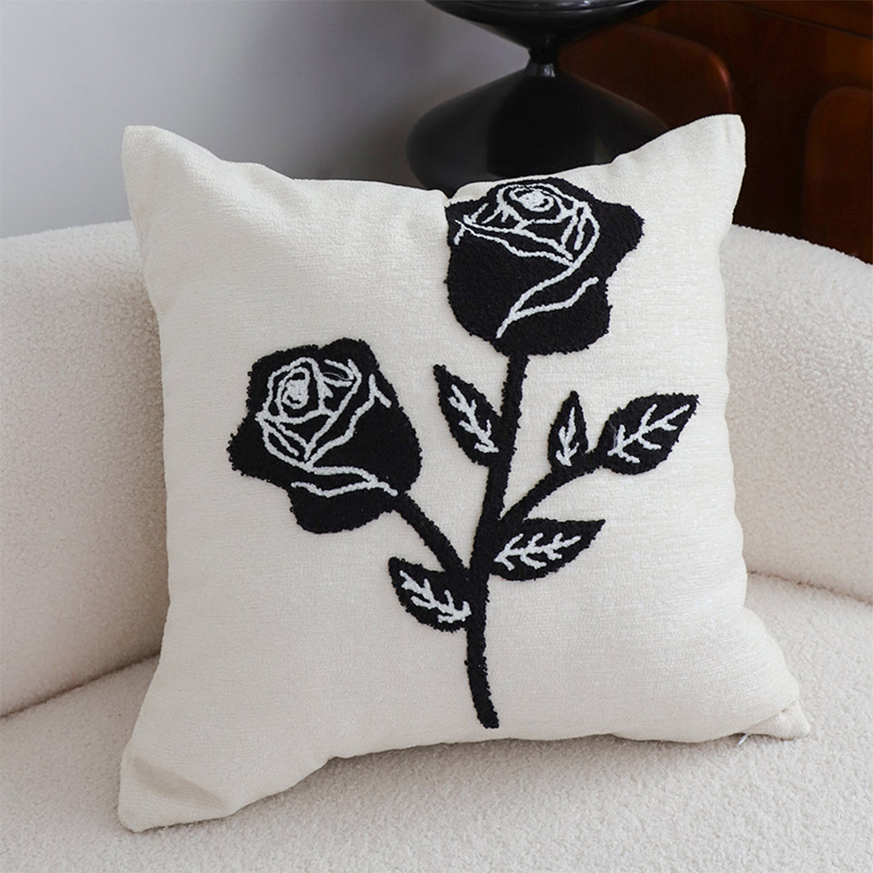 SOGA 2X 45cm White Black Rose Floral Embroidered Throw Pillow