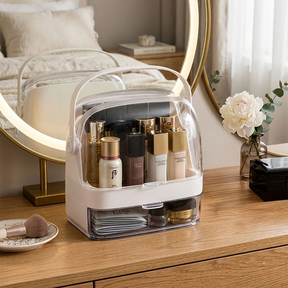 SOGA 2X 2 Tier White Countertop Makeup Cosmetic Storage Organiser Skincare Holder Jewelry Storage Box with Handle