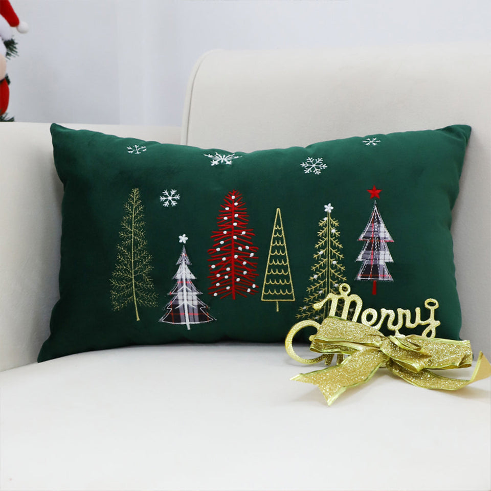 SOGA 30cm Dark Green Christmas Forest Embroidered Lumbar Pillow