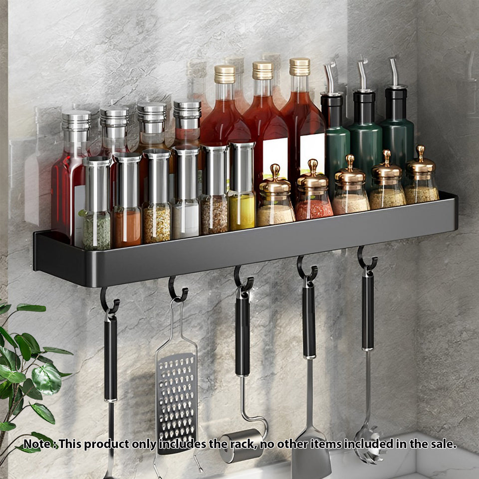SOGA 30cm Black Wall-Mounted Rectangular Kitchen Spice Storage Organiser Space Saving Condiments Shelf Rack with Hooks