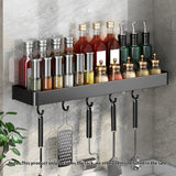 SOGA 30cm Black Wall-Mounted Rectangular Kitchen Spice Storage Organiser Space Saving Condiments Shelf Rack with Hooks