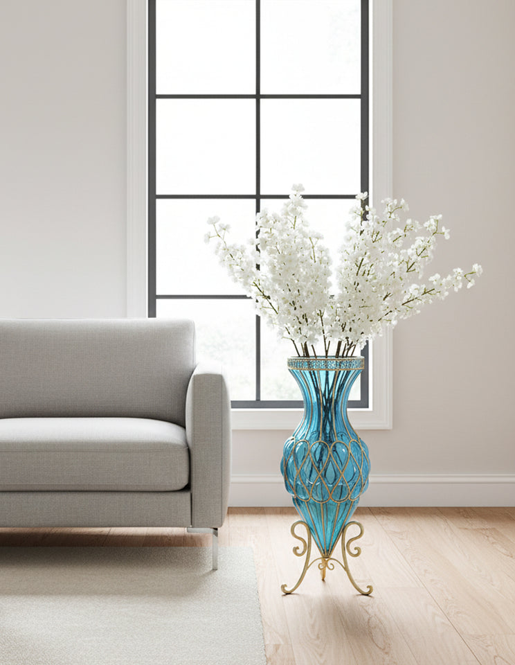 SOGA 67cm Blue Glass Tall Floor Vase with 10pcs White Artificial Fake Flower Set
