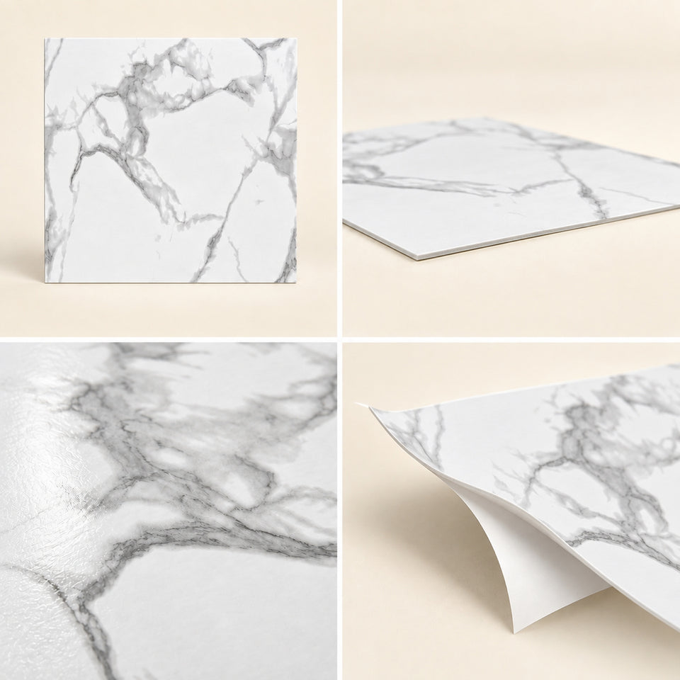SOGA Peel & Stick Floor and Wall Tiles 30 x 30cm 10 Pack White Grey Faux Marble