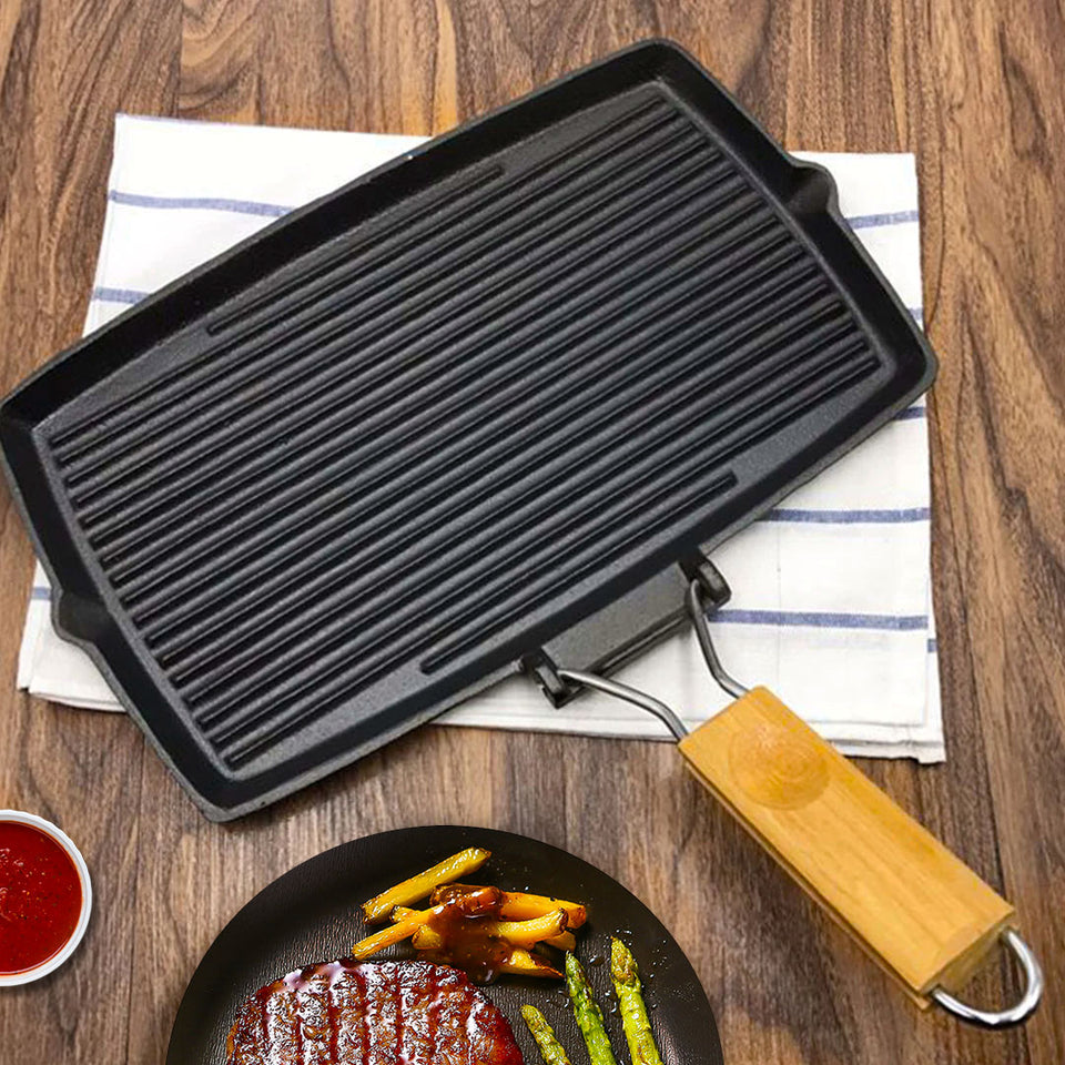 SOGA 20.5cm Rectangular Cast Iron Griddle Pan with Folding Wooden Handle