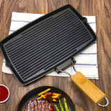 SOGA 20.5cm Rectangular Cast Iron Griddle Pan with Folding Wooden Handle
