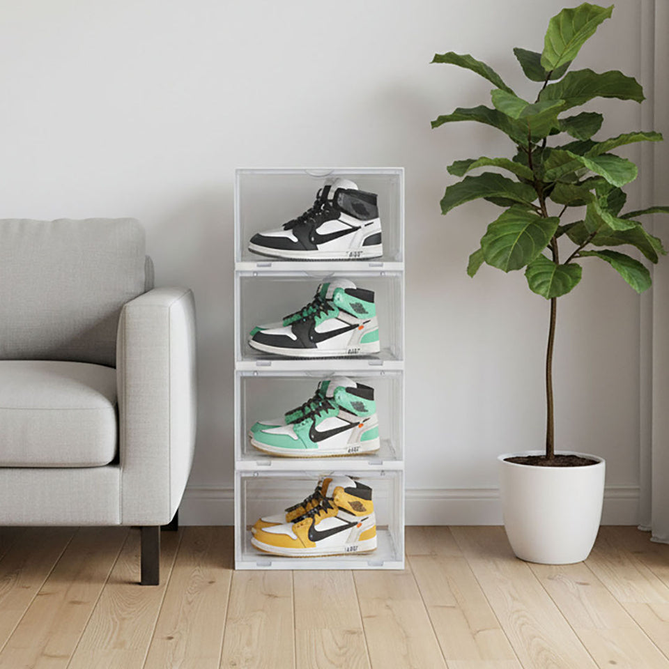 SOGA 4 Tier Transparent Portable Shoe Organiser Sneaker Footwear Folding Plastic Bin Stackable Storage Box with Magnetic Door