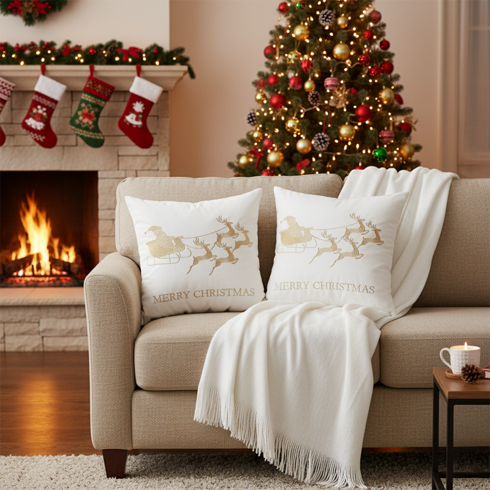 SOGA Christmas Bundle – 2 White & Gold Christmas Sleigh Pillow & White Knitted Throw Blanket