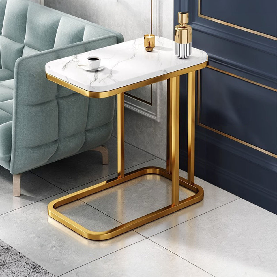 SOGA 2x 30x50cm White Stone-Patterned Sofa Side Tables – Square Mini Tables with Gold Metal Legs