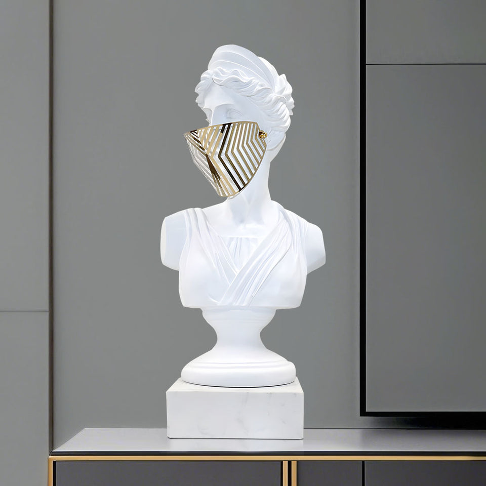SOGA 45cm White Classical Bust Sculpture Resin with Gold Striped Mask for Modern Home Decor