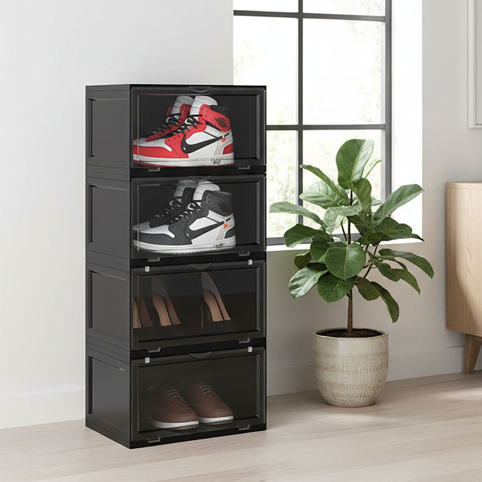 SOGA 2X 4 Tier Black Portable Shoe Organiser Sneaker Footwear Folding Plastic Bin Stackable Storage Box with Magnetic Door