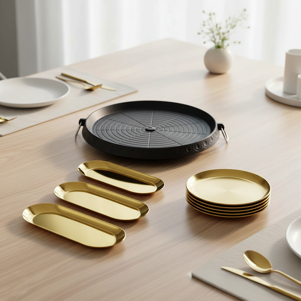 SOGA Kitchenware Bundle – Round Portable Korean BBQ Stove, Gold Grilling Plate & Nordic Plate Set