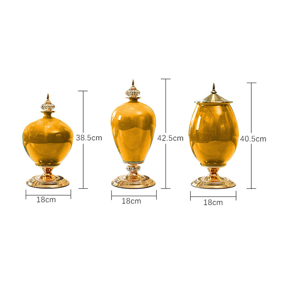 SOGA 38cm Ceramic Oval Flower Vase with Gold Metal Base Yellow